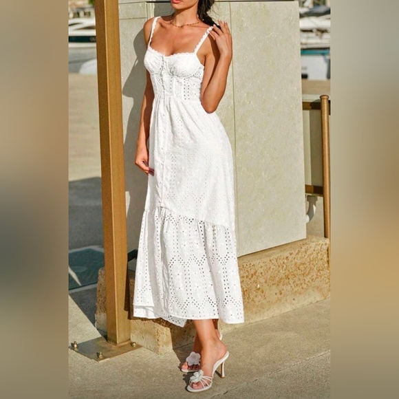 New Embroidered Eyelet Lace Bustier Corset Look Long Cami Dress White - Picture 2 of 9